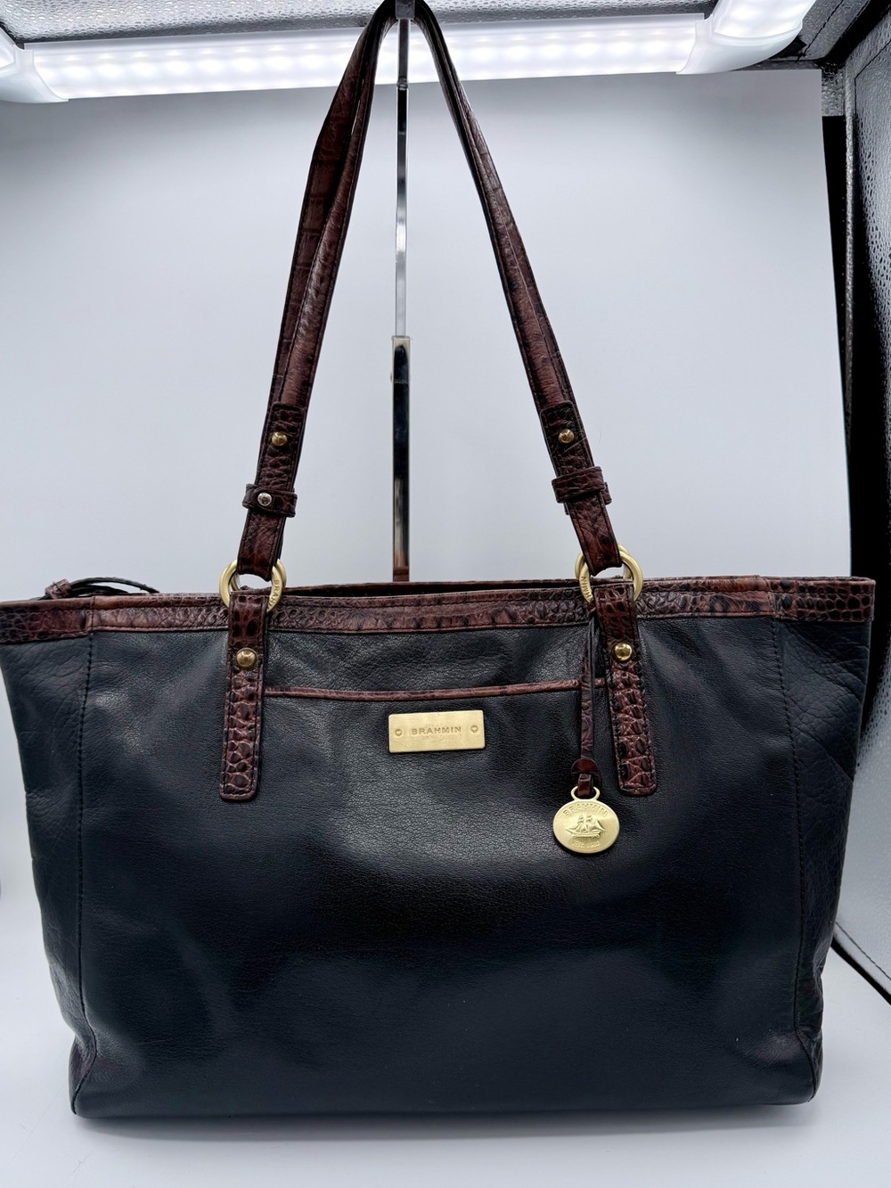 Brahmin‎ Black & Brown Melbourne Croc Embossed Leather Tote Shoulder Bag